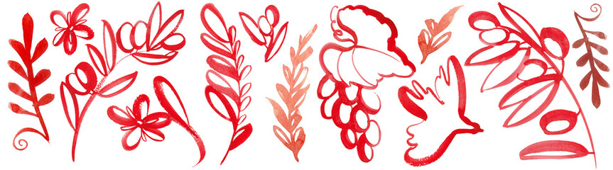 .Set of abstract hand-drawn leaves, twigs of olives, flowers, bunch of grapes, bird. Chinese painting, dynamic red graphics. Isolate on white background