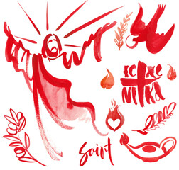 Drawn set of Christian elements: Jesus Christ is risen, blesses, the Holy Spirit in the form of a dove, Pentecost, the ascension of Christ. Catholic, orthodox symbols, christian background