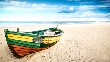 Summer boat on beach and free space for your decoration. 