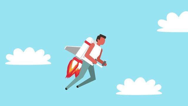 Stick Figure Color Pictogram Rocket Man Character Flies with Jet Pack in the Sky Cartoon Animation