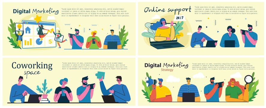 Marketing campaign, video conference, business analysis concept illustration in flat and clean design. Men and women use laptop and tablet in the flat design.