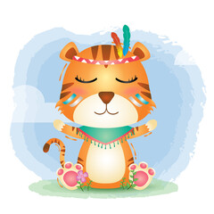 a cute tiger in a headdress with feathers. Cartoon apache tiger. Vector illustration