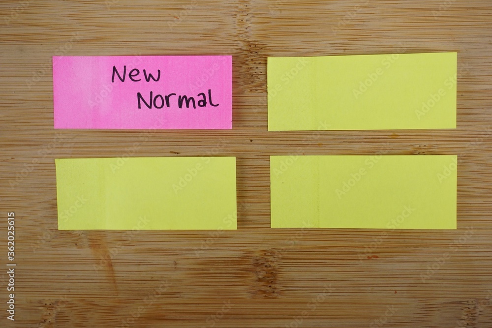 Poster closeup shot of colorful note blanks with new normal text on it