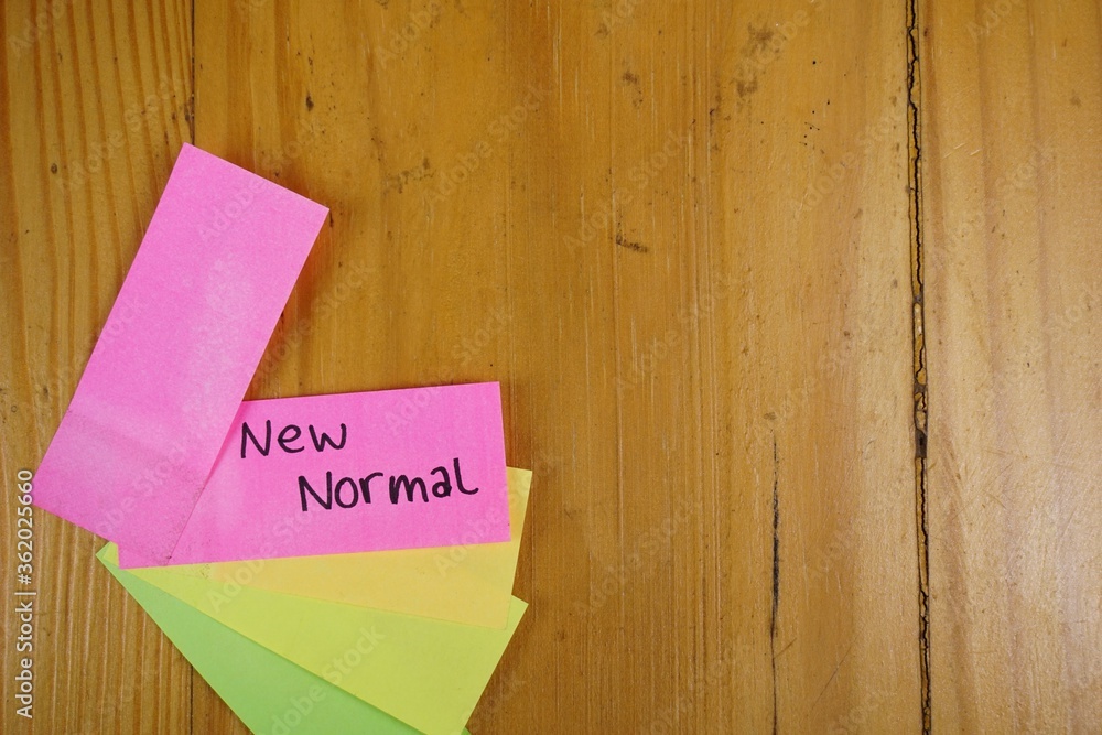 Poster closeup shot of colorful note blanks with new normal text on it