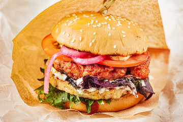 fresh burger with cutlet and vegetables