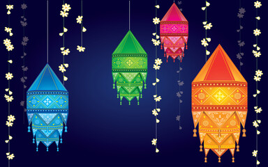 Illustration of hanging Kandil on happy Diwali Holiday background for light festival of India.