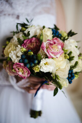 the bride's bouquet, bride holding bouquet, wedding day, bride in wedding dress, morning bride