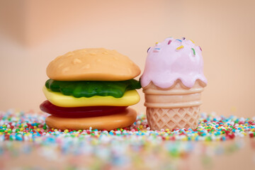 hamburger and ice cream. candy hamburger and ice cream. happy food background. fastfood, party...