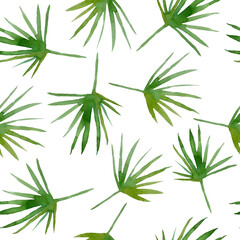 floral seamless hand drawn watercolor graphic pattern with elegant green tropical palm leaves plant for nature lovers fashion textile exotic illustration lush foliage trendy design wallpaper fabrics.