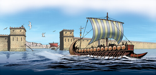 Ancient Greece - Phoenician ship leaves the city of Carthage © Massimo Todaro