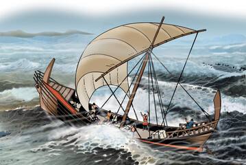 Ancient Greece - Ionian Greek ship sails in stormy sea