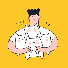 The guy holds an armful of cats in his hands. Flat line vector illustration on yellow background.