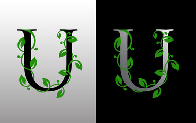 Elegant U Letter Icon with luxury green leaf logo design. Nature U Icon.