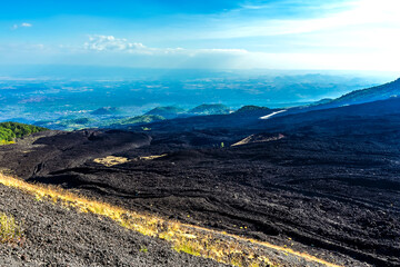 A recent lava flow and a string of secondary cones on the upper slopes of  Mount Etna, Sicily in...