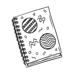 Sketch of a closed Notepad on a spiral for notes. Cover with abstract shapes. Stationery for writing and drawing. A design element for schools and Hobbies. Black-white vector. hand drawn, isolated