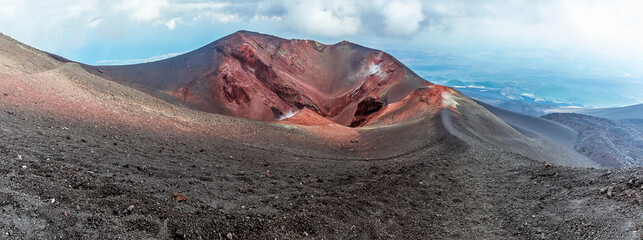 Panorama view of a crater on Mount Etna, Sicily in summer