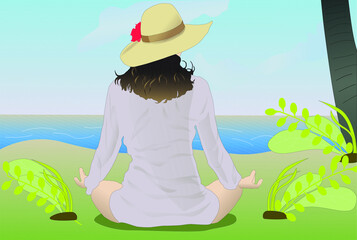Obraz na płótnie Canvas Girl from the back in summer hat is sitting in lotus pose and meditating on the beach with ocean view, waves, sky, green plants. Vector Illustration