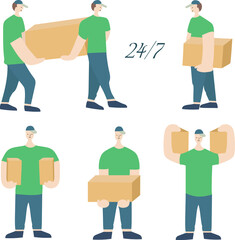 Loaders with cardboard boxes. Delivery team. The theme of movement, transportation and delivery of goods and cargo. Help in moving the house.  Vector