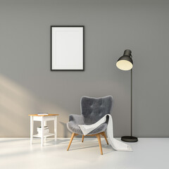 Minimal room with armchair and side table , floor lamp , gray wall and picture frame. 3d rendering