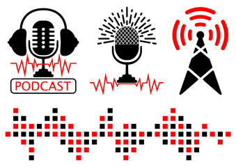 Fototapeta na wymiar Podcast radio icon illustration sets. Broadcast tower, radio frequency and microphone with headphones. Podcast microphone, signs or logo templates. On the Air symbols. Vector