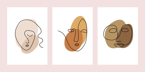 One line drawing face set. Modern minimalism art, aesthetic contour. Abstract woman portrait in the minimalist style. Continuous line vector illustration.