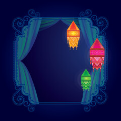 Illustration of hanging Kandil on happy Diwali Holiday background for light festival of India, with curtain and frame design.