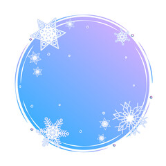 Winter circle shape concept. Snowflakes on blue round background template. Blank snowy backdrop decoration element. Color snow frame with copy space poster design. Frost vector web banner layout