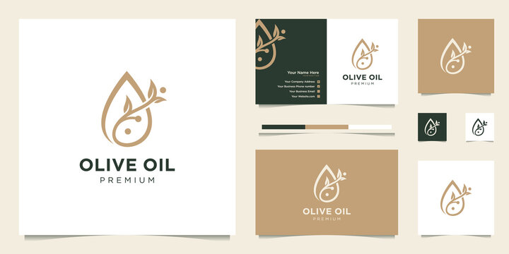 olive oil droplets and tree branches, symbols for beauty, care and spa products. premium logo design and business cards.