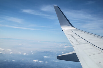 Fototapeta na wymiar airplane wing in the clouds