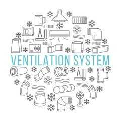 Naklejka premium Circle banner with line icons of ventilation system on a white background. Round and rectangular ducts and fittings. Template for building company or store. In the center you can write any text