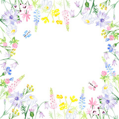 Fototapeta na wymiar Watercolor wildflowers background. Flower frame. Ideal in print design, souvenir products, web design, photo albums and other works.