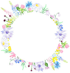 Watercolor wreath of wildflowers. Round frame. Ideal in print design, souvenir products, web design, photo albums and other works.