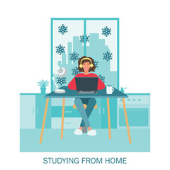 Self isolation concept. Young woman studying from home during Covid-19. All stay at home. Self-isolate from a pandemic. Remote studying from home during Quarantine. Vector flat illustration