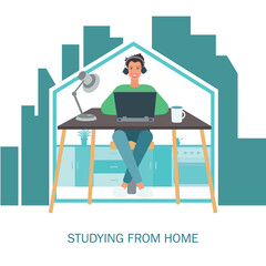 Self isolation concept. Young man studying from home during Covid-19. All stay at home. Self-isolate from a pandemic. Remote studying from home during Quarantine. Vector flat illustration
