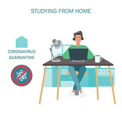 Self isolation concept. Young man studying from home during Covid-19. All stay at home. Self-isolate from a pandemic. Remote studying from home during Quarantine. Vector flat illustration