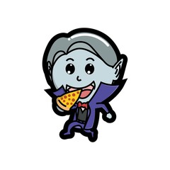 Cute vampire is eating pizza good for Halloween costumes, stickers, doodles, cartoon, t shirt design, childish, mascot, restaurant