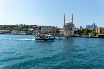 Ortakoy mosque and ferry view from sea