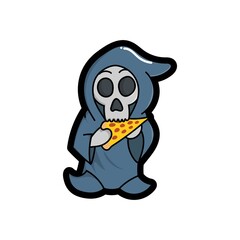 Cute grim reaper is eating pizza good for Halloween costumes, stickers, doodles, cartoon, t shirt design, childish, mascot, restaurant