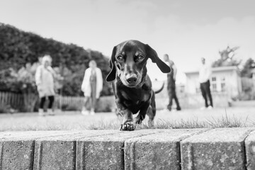 Eye level portrait of a miniature dachshund with unrecognisable people is soft focus in the...