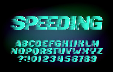 Speeding alphabet font. Wind effect letters and numbers. Stock vector typeface for your design in sport style.