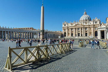 VATICAN CITY, ROME, ITALY - SEPTEMBER 22, 2017. A view of St. Peter's Basilica and Egyptian obelisk in St.Peter's Square (Piazza San Pietro) in Vatican City