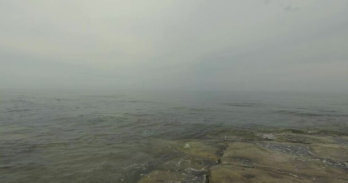 Dark Sand Beach with lots of Sea Weed and Pieces of Wood at Dusk in Anticosti Island, Canada
