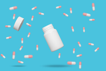 Red and white medicine pill capsules tablets floating around a floating pill bottle and lid on a blue background
