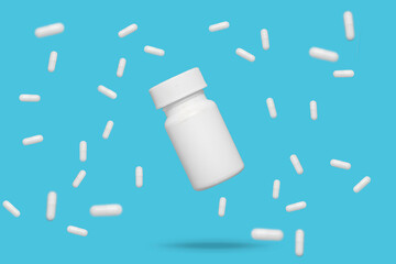 White medicine pill capsules tablets floating around a floating pill bottle on a blue background