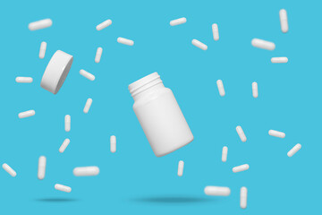 White medicine pills capsules tables floating around a floating pill bottle with floating lid on a blue background