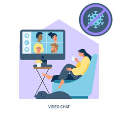Computer with group of people doing video conference. Online meeting friends. 
Virtual meeting. Video chat. Vector illustration in flat style

