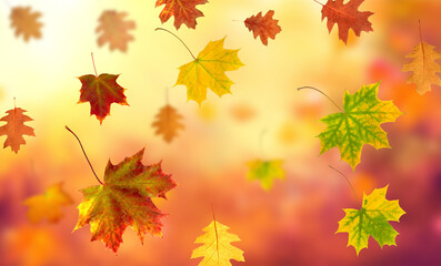 Fototapeta na wymiar falling autumn leaves on an orange blurry background