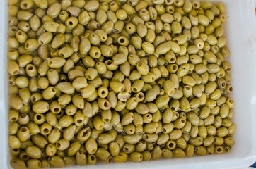 top view of a bowl with olives. photographed in the market
