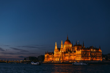 Parliament building on the bank of the river in Budapest. panora