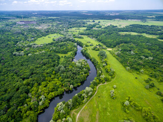 Aerial view to summer forest and river Seversky Donets